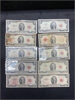 Group of 10 $ 2 Red Seals 1953 & 1963 Series