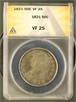 US Coins 1821 Capped Bust Half Dollar VF25 ANACS