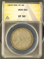 US Coins 1820 Capped Bust Half Dollar VF30 ANACS