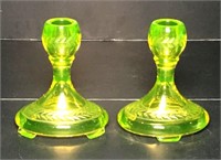 Pair of Yellow Uranium Glass Candlestick Holders