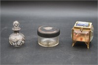 Antique Casket Jewel Box, Overlay Perfume Bottle+