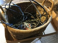 Wicker basket w/ electronic wires & box of purses