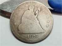 OF)  1876 seated liberty silver quarter