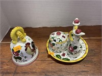 Vintage rooster tea set and bell