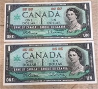 2 Crisp 1967 Canada Centennial Dollar Notes*SC