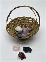 Basket with Quartz, Rose Quartz, Ceramic Frog,
