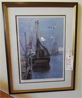 “Emerald” framed print of ship at harbor S/N