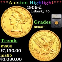 *Highlight* 1906-d Liberty $5 Graded ms65+