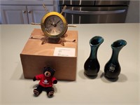 Smithsonian Ship Wheel Clock & Canadian Bud Vases.