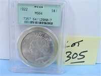 1922 Peace Silver Dollar, PCGS Certified, MS-64
