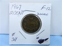 1867 Two Cent Piece, Scratched, F-12