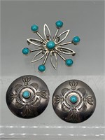 Sterling and turquoise signed brooch and earrings