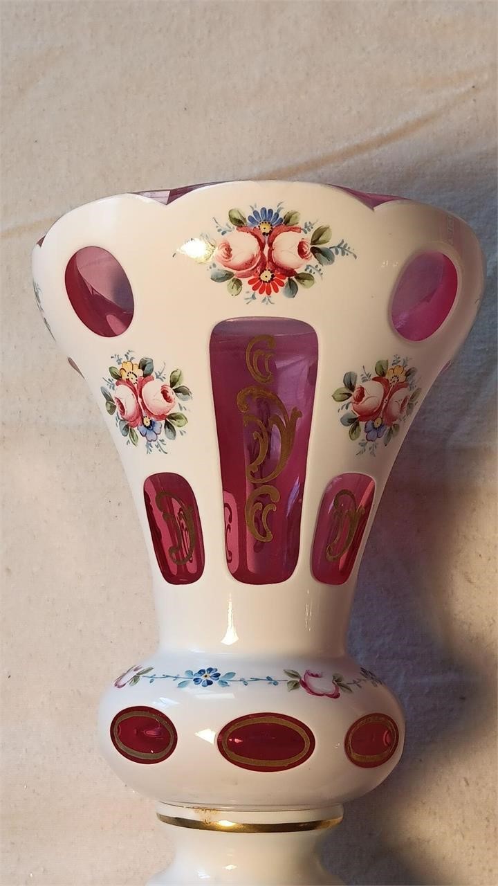 Vintage Cut to Clear / Cranberry Floral Vase.