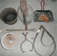 Cast Iron Pail, Ice Tongs, Outside Calipers, ++