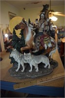 Native American Statue on Horse w/ Wolves