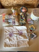 Hankies, quilted cat, doll