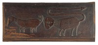 WOODEN CARVED PLAQUE "MANTICORE CHASING A SHEEP"