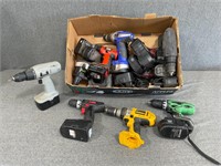 Box of Cordless Drills & Batteries