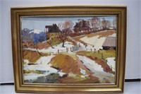 Framed Winter Scene Oil Painting - 22x17