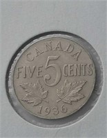 Very Nice Specimen 1936 Canada 5 Cents AU-50