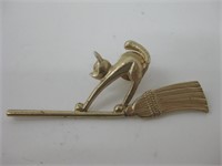 Cat On Flying Broom Gold-Toned Pin / Brooch