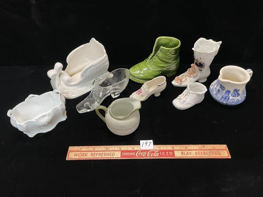 VARIOUS PORCELAINS & GLASS INCLUDING SHOES