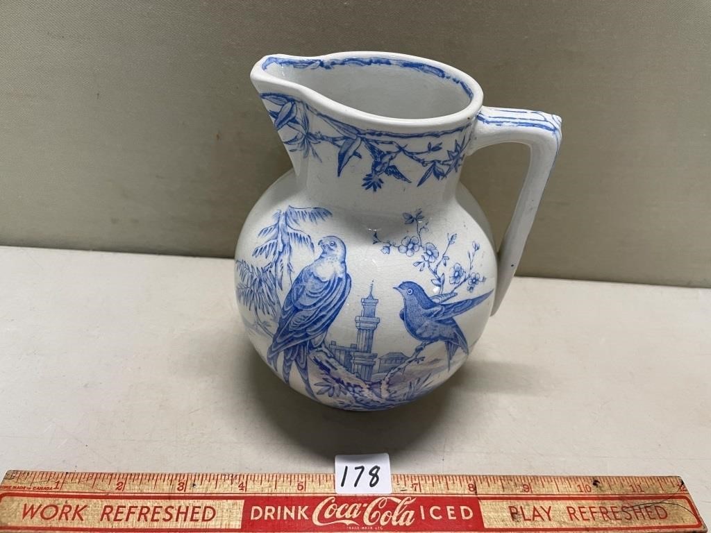 RARE 1800'S BLUE & WHITE PORCELAIN BIRD PITCHER