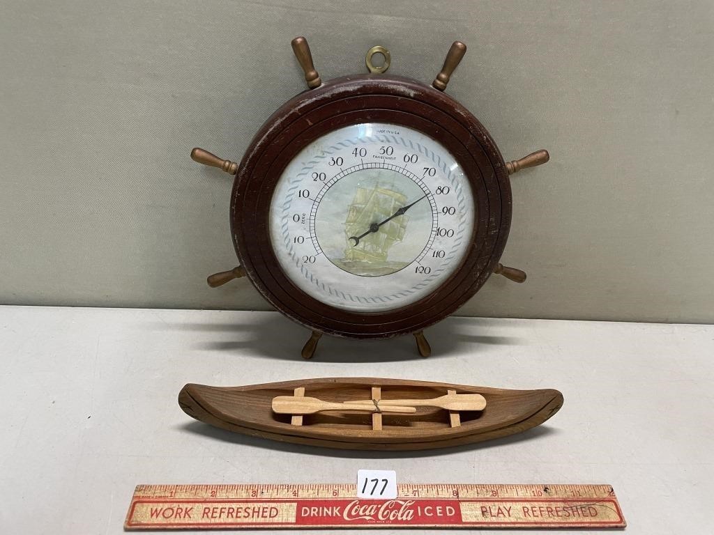 NAUTICAL SHIPS BAROMETER & WOODEN CANOE