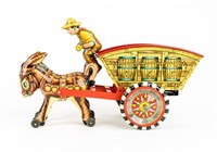 Vintage Marx Wind Up Tin Litho Donkey Cart Toy