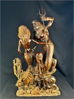 28" Poseidon w/ Mermaid Wood Sculpture