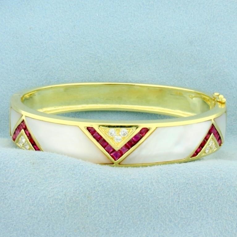 Ruby, Mother of Pearl and Diamond Bangle Bracelet