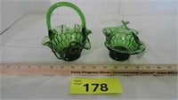 (2) Green Glass Baskets