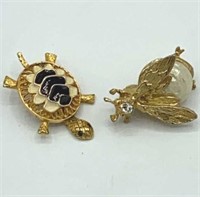 Lot of 2 Vintage Bee & Turtle Gold Tone Brooches