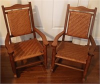 2pc Vntg Child Wood Cane Seat Rocking Chairs