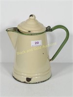 Green And Cream Enamelware Coffee Pot