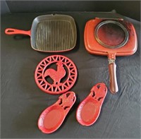 Red Cast Skillets, Spoon And Pot Rests