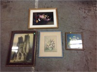 3 FLORAL AND 1 CHURCH FRAMED PICTURES