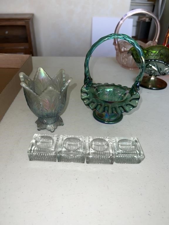 Salts, tulip candle holder and a glass basket