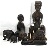 7 African Folk Art/Ebony Wood Elephants, Antelope+