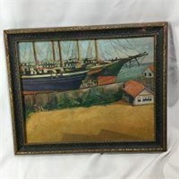 Antique Oil on Board Boat Painting