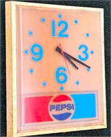 VINTAGE LIGHTED PEPSI ELECTRIC WALL CLOCK 16" X14"