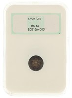 1859 US 3 CENT SILVER COIN NGC MS64
