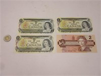 3 billets 1$ Canada 1973 et billet 2$ 1986