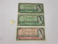 2 billets 1$ et billet 2$ Canada 1954