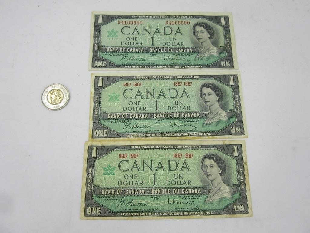 3 billets 1$ Canada 1867-1967