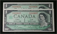 Two 1967 uncirculated Consecutive $1 bills