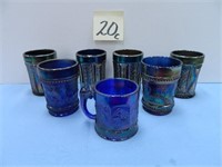 (6) Blue Carnival Glass Tumblers & Imperial Glass-