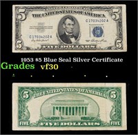 1953 $5 Blue Seal Silver Certificate Grades vf++