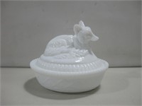 6" Milk Glass Fox Candy Bowl W/Lid
