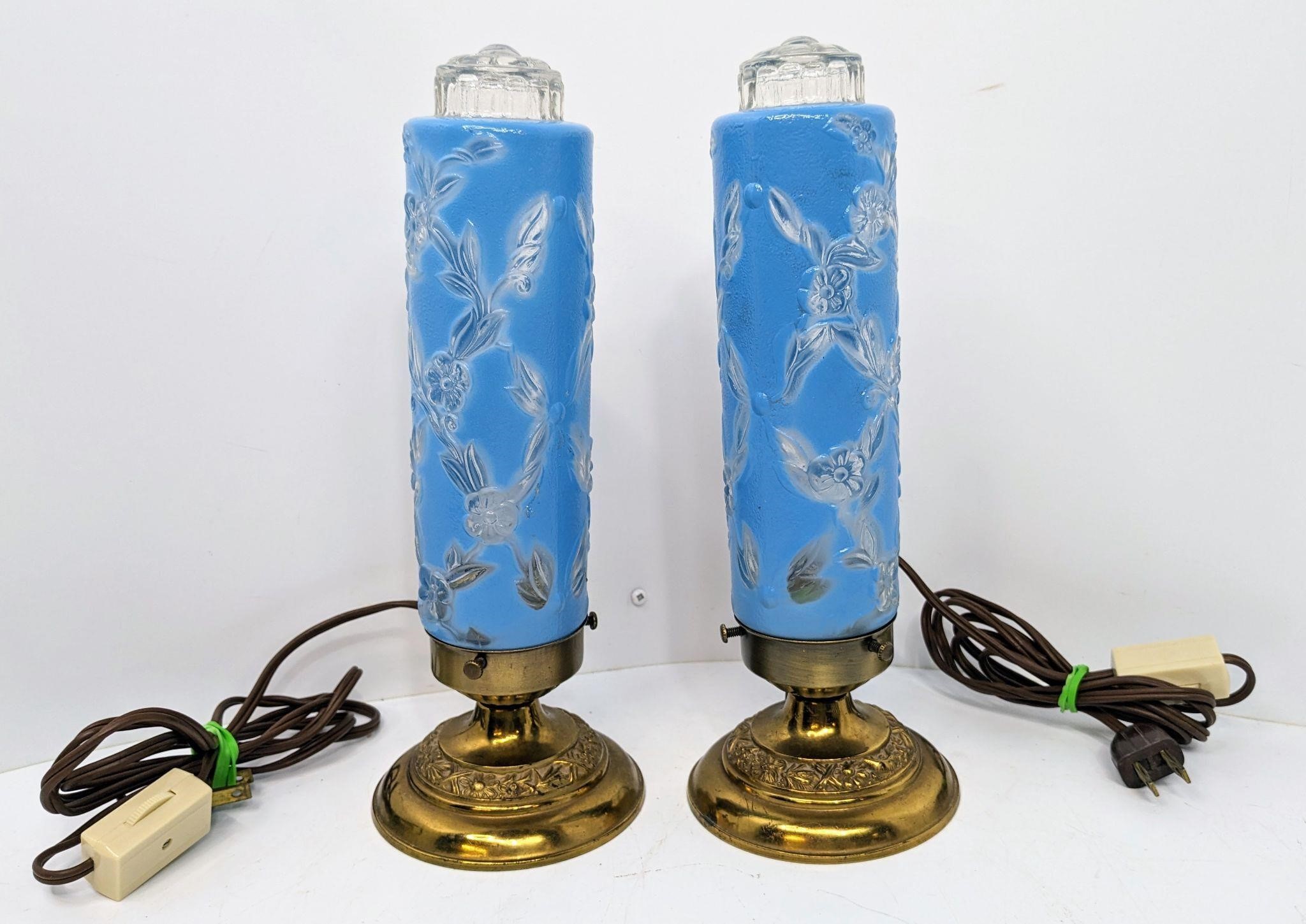 Pair of Torpedo/Skyscraper Blue/Clear Glass Lamps